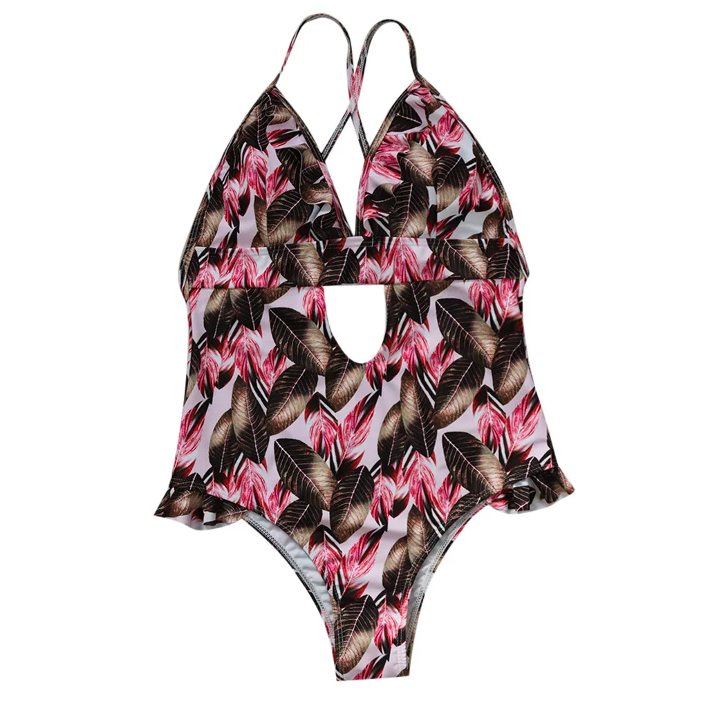 Summer one piece Swimwear Women Fringe Leaf Print Bikini Beachwear Party Bath Playful Fresh Sweet Sexy High Waist Bikini Hot XL 