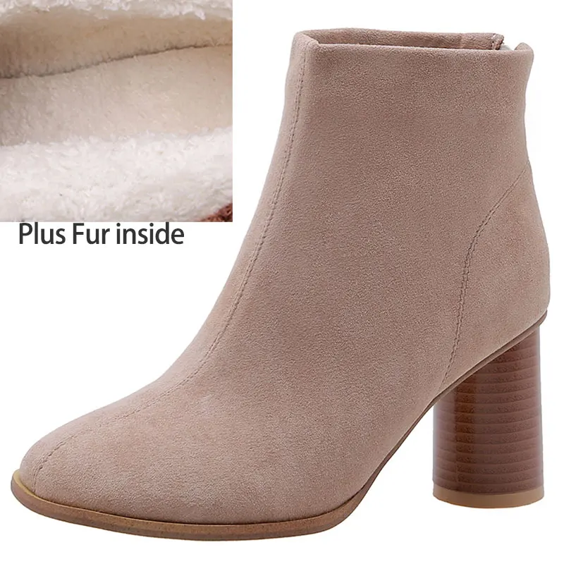 Plus Fur Apricot Sgesvier/зимние ботинки из флока; женские ботильоны на высоком каблуке; ботинки «Челси» с круглым носком; обувь; цвет черный, абрикосовый; женская обувь; G708 - Цвет: Plus Fur Apricot