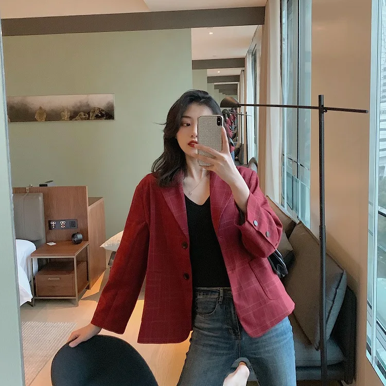 

2019 Early Autumn New Style Loose-Fit Versatile Pattern Elegant Red Suit Jacket Women's Short Casual Suit Tops