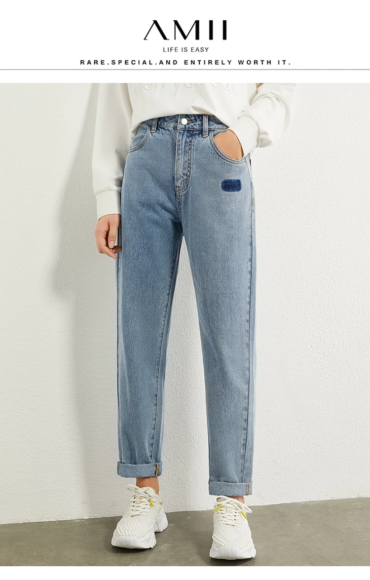 AMII Minimalism Autumn Fashion Embroidery Female Jeans Causal Cotton High Waist Straight Ankel-length Female Jeans 12070215