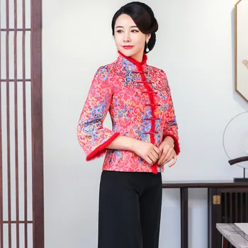 

New Women Thickening Cotton Stand Collar Elegant Shirt Winter Blouse Tops Tang Clothing Chinese Style Qipao Oversize 4XL