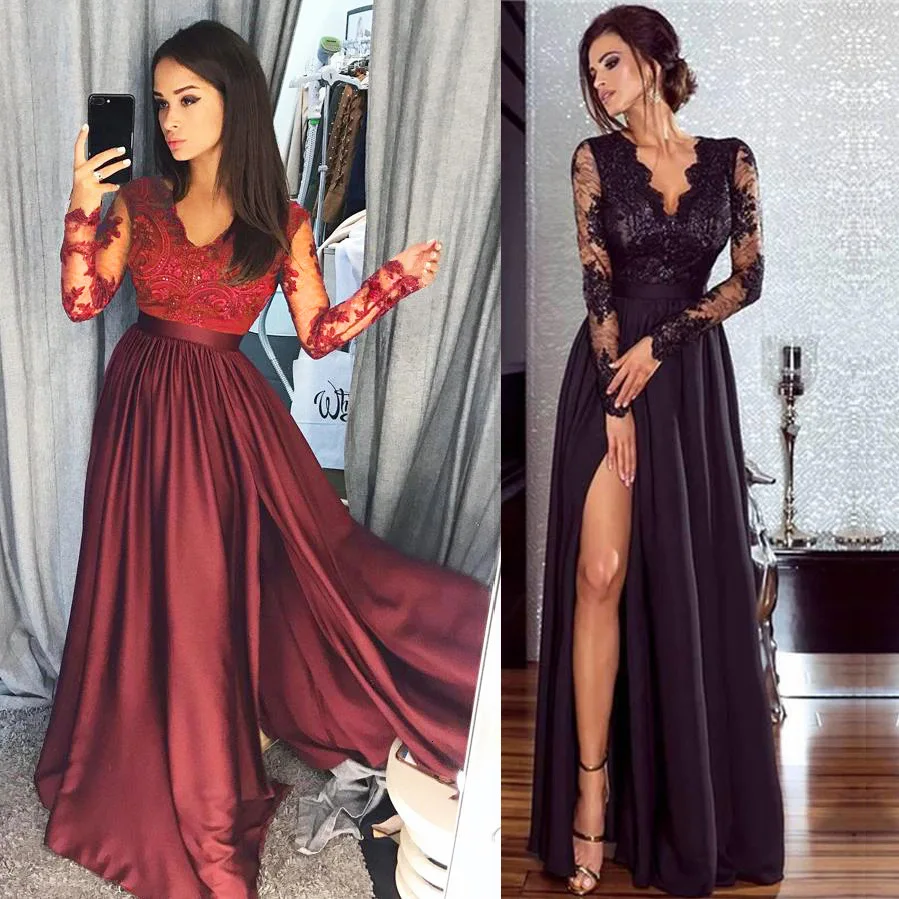 BacklakeGirls Ever Pretty Robe De Soiree бордовое кружевное атласное вечернее платье трапециевидной формы с длинными рукавами Длинное Элегантное свадебное платье для гостей