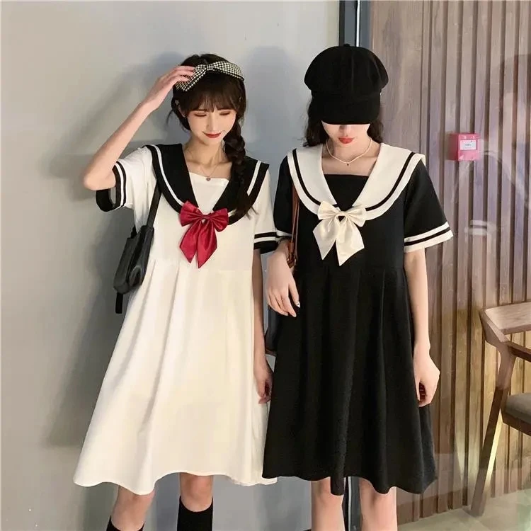 Harajuku Sailor Collar Navy Dress Japanese Lolita Sweet Bow-knot Girl Retro Cotton Kawaii Preppy Style Short Sleeve Dress Women