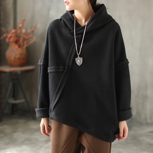 black hoodies women Новые зимние толстовки с бархатом и хацкэжуал, ассиметричная Свободная блузка большого размера, толстовки, одноцветные пуловеры с капюшоном Z3 - Цвет: black hoodies women