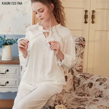 

Womens Long Sleeve Pajamas Set Loose Female Cotton Sleepwear Sweet Lace Patchwork Cozy Pijama Autumn Spring Home Lounge Clothes