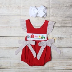 Vêtements d'été pour filles, barboteuse rouge sans manches, à rayures brunes, nœud, ferme, vache, tracteur, motif brodé, barboteuse pour bébés 