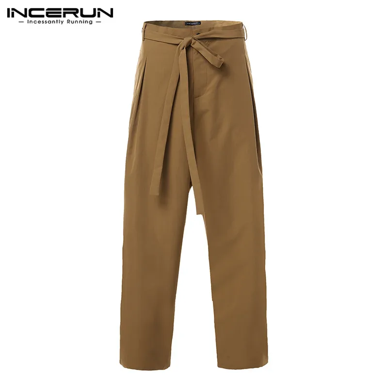 Khaki Pants INCERUN, одноцветные мужские повседневные штаны, на шнуровке, джоггеры, на молнии, свободные, уличная мода, брюки для мужчин с поясом, брюки размера плюс - Цвет: Khaki Pants
