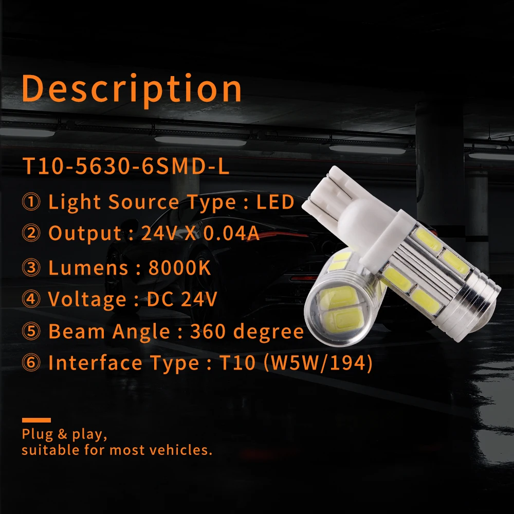 4PCS 24V T10 W5W 2825 158  ̵ Ŀ Ʈũ  194 168 ڵ Ʈ  ȣ  5630 10 SMD