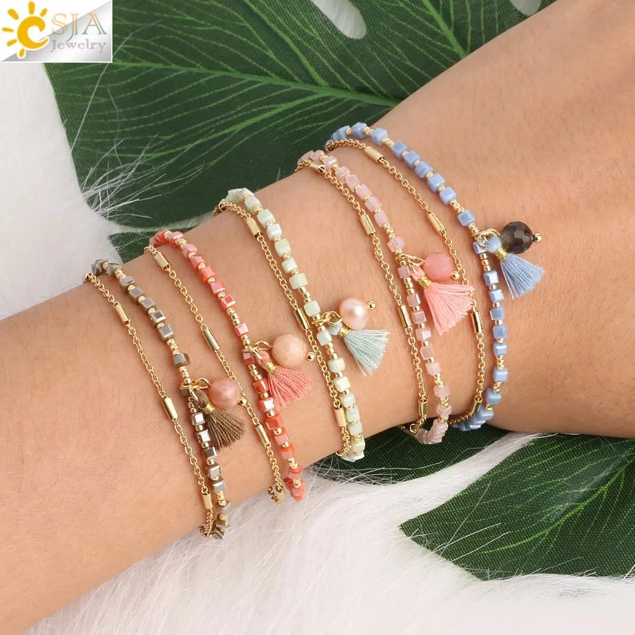 Женский богемный Браслет CSJA двухслойный браслет на руку с бусинами золотистого