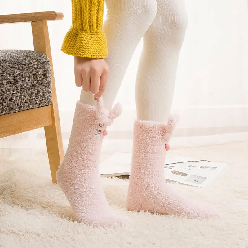 Милые модели для женщин и девочек, плотные теплые носки, коралловый флис, трехмерный кролик, милые домашние носки для сна