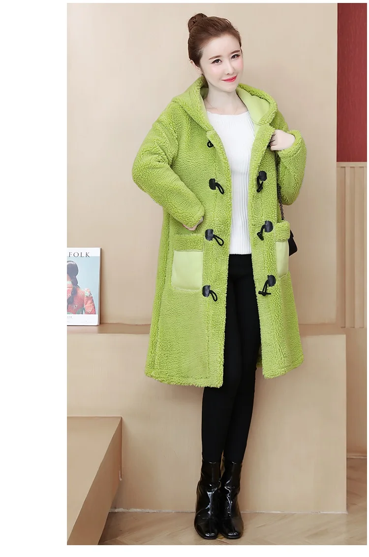 Женская куртка размера плюс 5XL с мехом ягненка, зимняя новинка, Свободное пальто средней длины, толстое теплое кашемировое пальто с капюшоном и длинным рукавом, Женское пальто