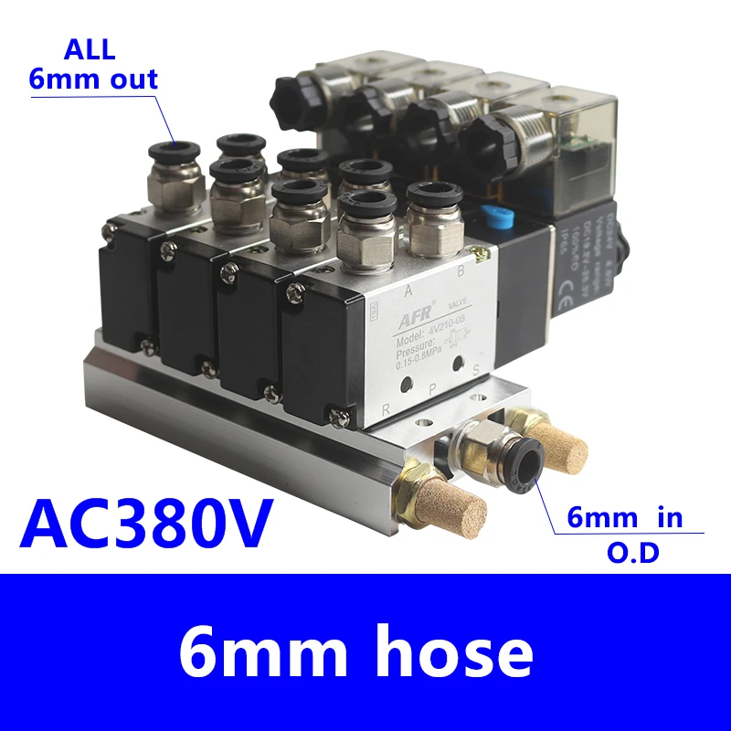 4V110-06 DC24V 12V 2 положения 5 способ Четырехместный электромагнитный клапан Алюминий базовый фитинг глушители комплект для детей 3, 4, 5, 6 станций AC220V AC110V - Цвет: AC380V  6 IN 6 OUT