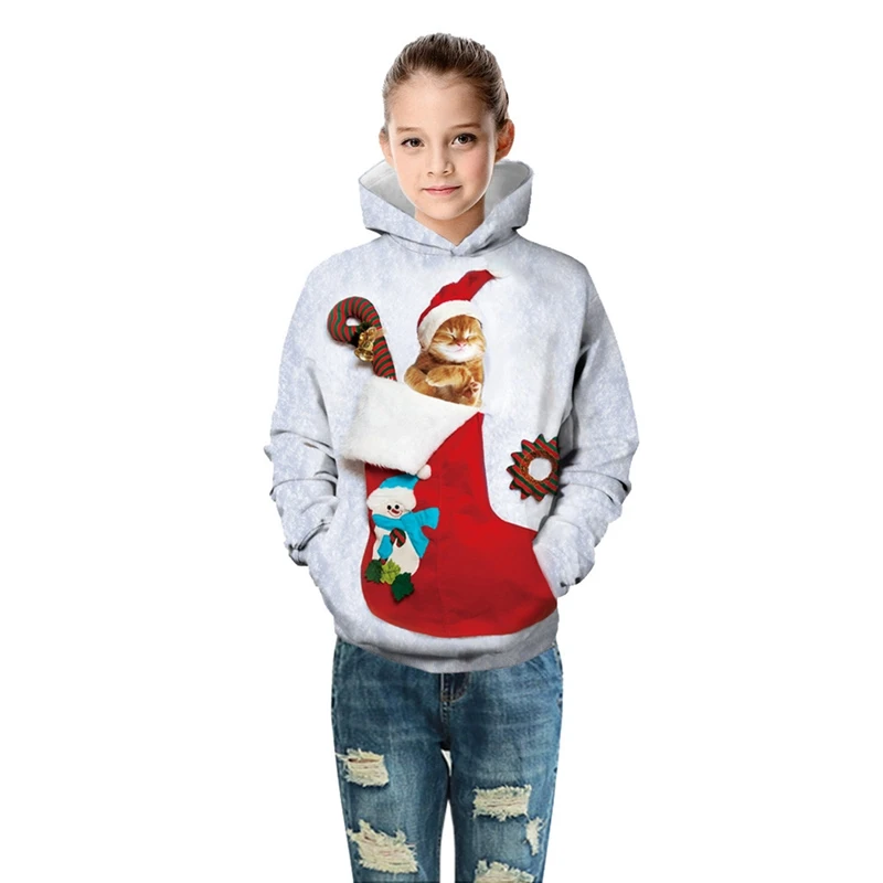 Детский Рождественский свитер с капюшоном и большими карманами; Рождественская Одежда для мальчиков и девочек-подростков; пуловер с объемным цифровым принтом; свитер с капюшоном; сезон осень-зима
