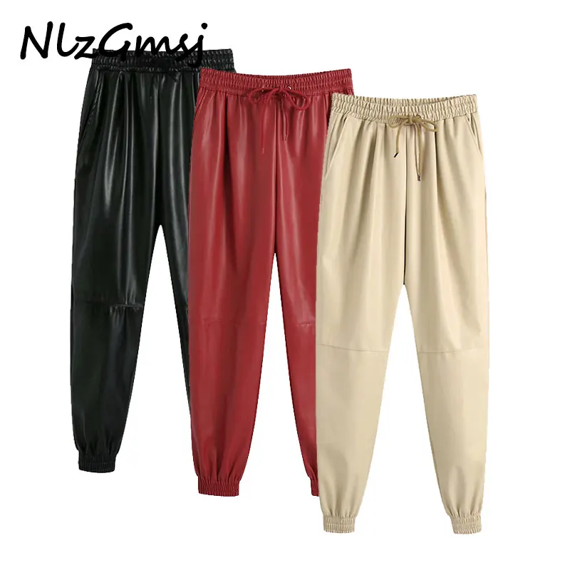 

Nlzgmsj za Women 2020 Fashion Faux Leather Jogging Pants Vintage High Elastic Waist Drawstring Female Ankle Trousers Mujer