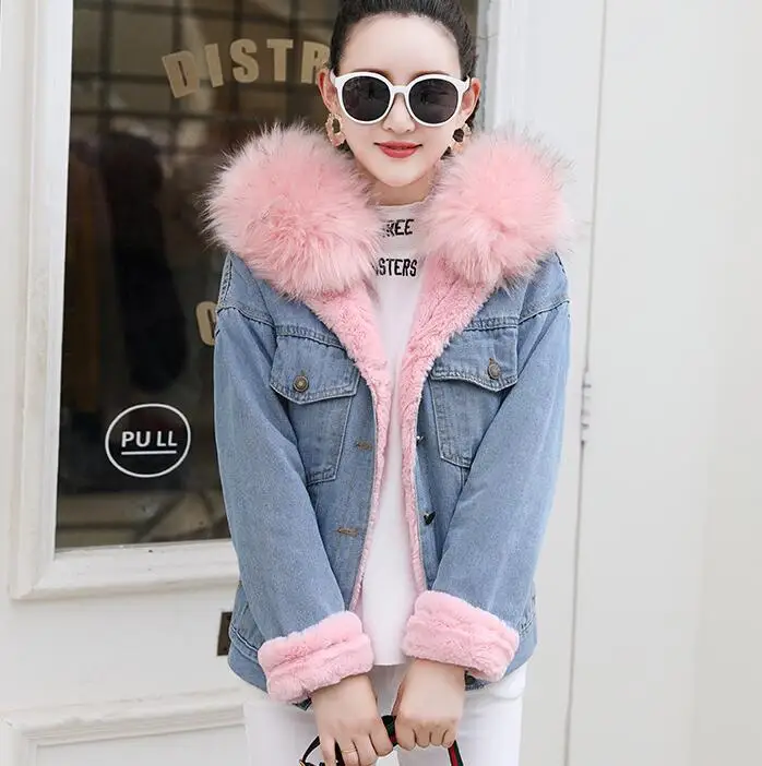 Pink-002 Новинка, зимние джинсы хараюку, Женская куртка, плюс бархат, утолщенные, теплые, для девушек, пальто, свободные, негабаритные, верхняя одежда, с капюшоном, джинсовые куртки - Цвет: Pink-002