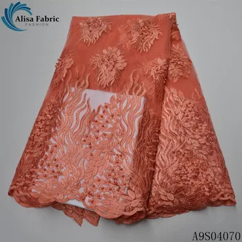 

Alisa orange french net lace fabric embroidered with beads and stones 5 yards/pcs african tulle laces fabrics for garment sewing
