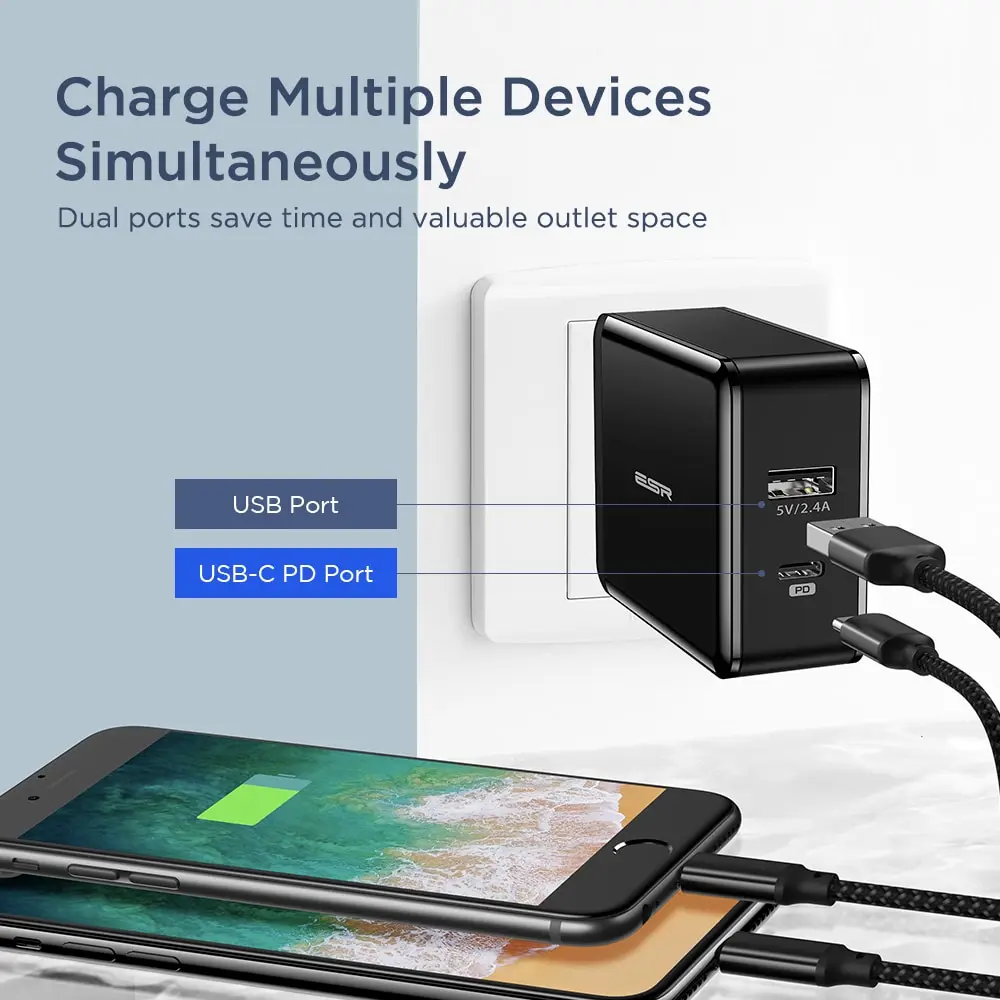 Зарядное устройство ESR с двумя портами USB C 30 Вт сетевое зарядное со складной
