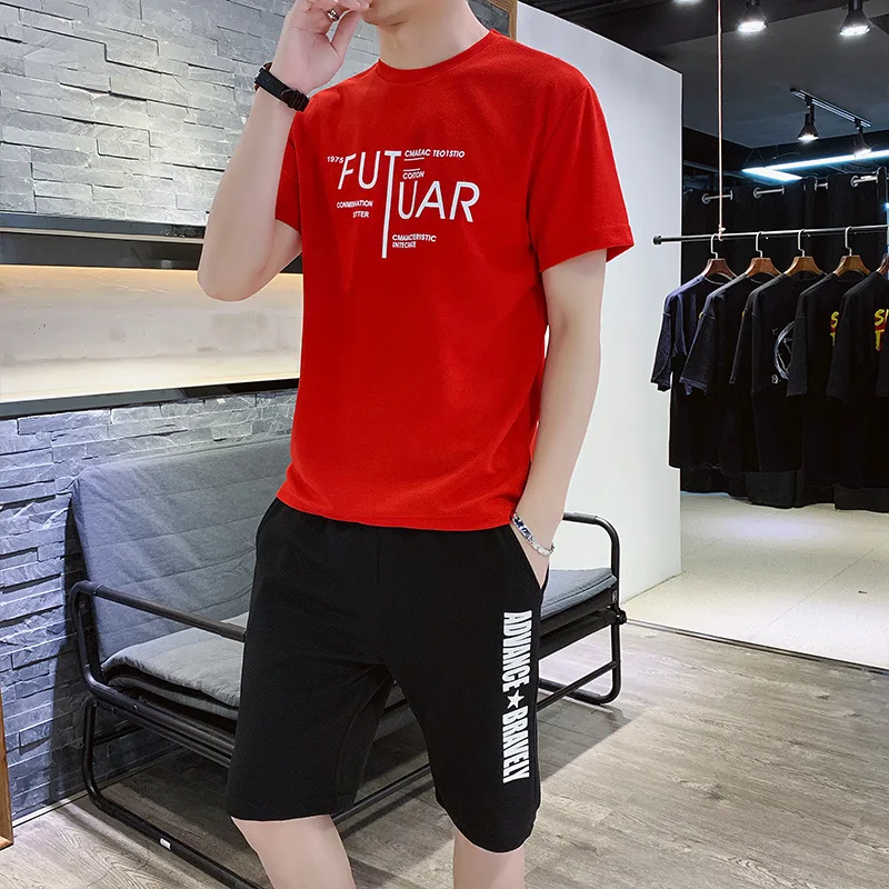 

Summer Thin Section Leisure Sports Suit Men Clothes Korean-style Trend Short-sleeved round Collar T-shirt Handsome Two-Piece Set