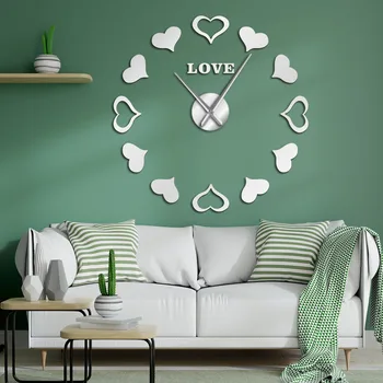 

DIY love acrylic mirror effect wall decoration large wall clock bedroom 3 D frameless wall clock mute