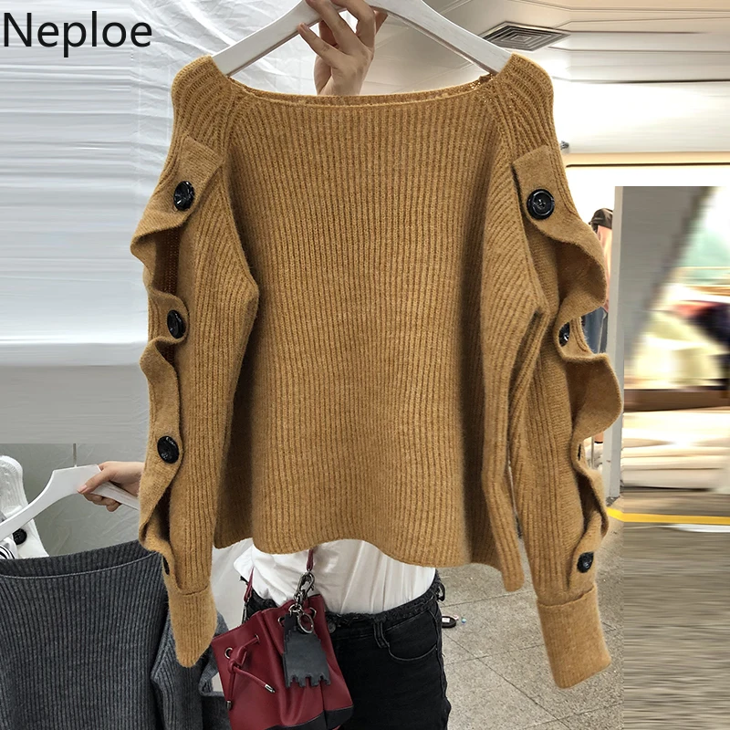 Neploe Ins, сексуальный дизайнерский свитер без бретелек на плечах, с вырезом-лодочкой, с круглым вырезом, с длинным рукавом, со складками, на пуговицах, однотонный пуловер, зимний
