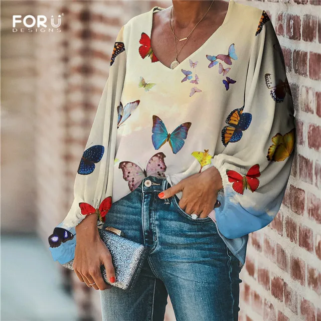 FORUDESIGNS/женские шифоновые блузки с v-образным вырезом, свободные топы с рукавами-фонариками для женщин, повседневная одежда с объемными бабочками, женская блузка - Цвет: HMC3071B2