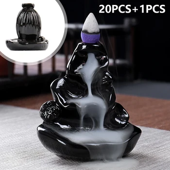 

Ceramic Backflow Incense Burner Waterfall Lotus leaf Handicraft Incense Holder With 20 Incense Cones Home Decor Christmas Gift