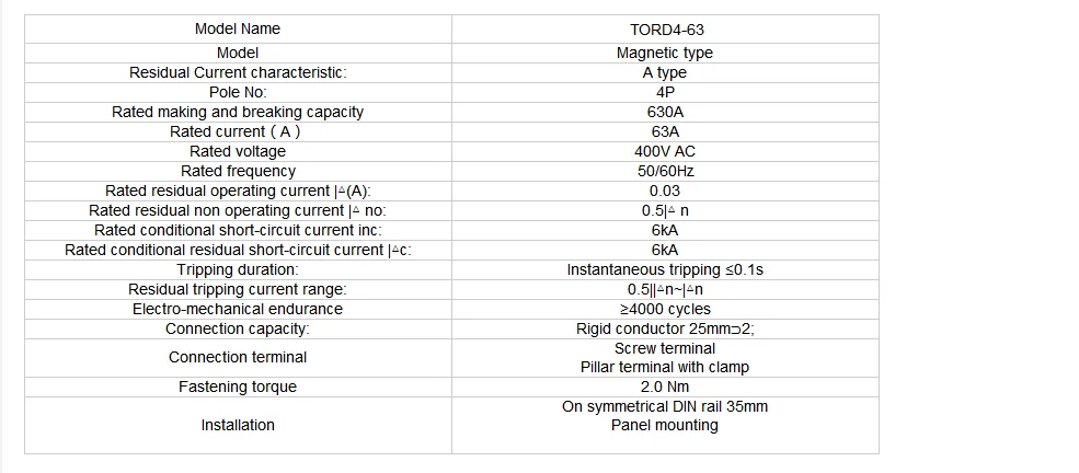 4 Pole A Type RCCB RCD 63A 30mA Electromagnetic Type Residual Current Circuit Breaker