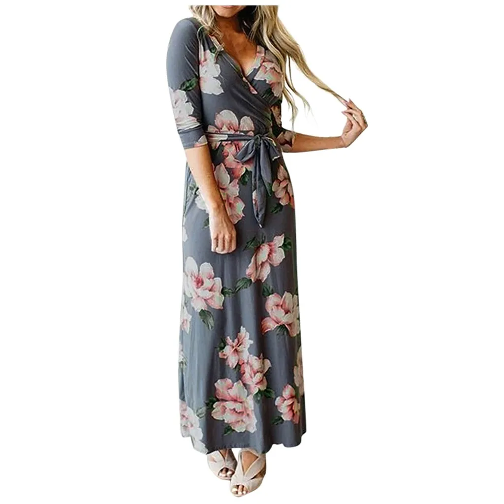 JAYCOSIN модное женское платье Элегантный цветочный принт Boho Повседневный 3/4 рукав v-образный вырез цветочный принт ed ремень Свободные Длинные повседневные платья