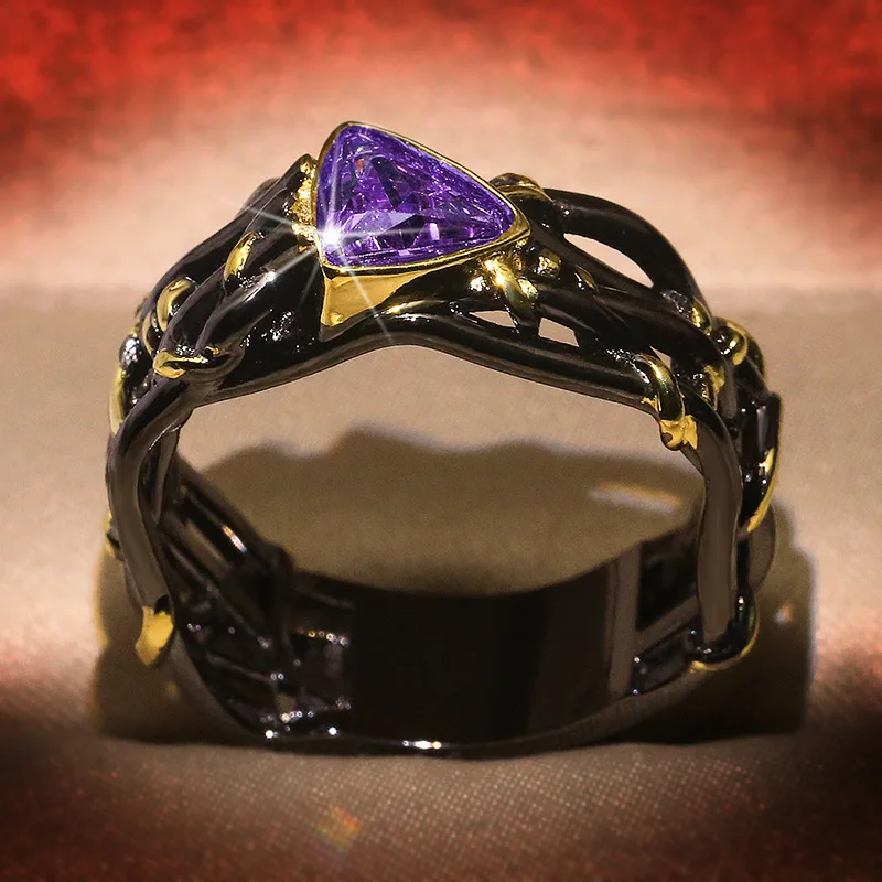 Vintage Gothic Black Tree Branch Ring with Bling Yellow Zircon Stone Rings for Women Wedding Engagement Fashion Jewelry