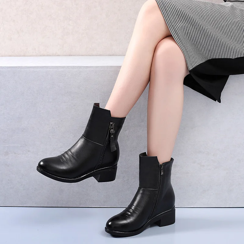 

Genuine Leather Velvet Boots For Winter Mid-heel Martin Boots Women Black Brown Ankle Boot Size 35 To 43