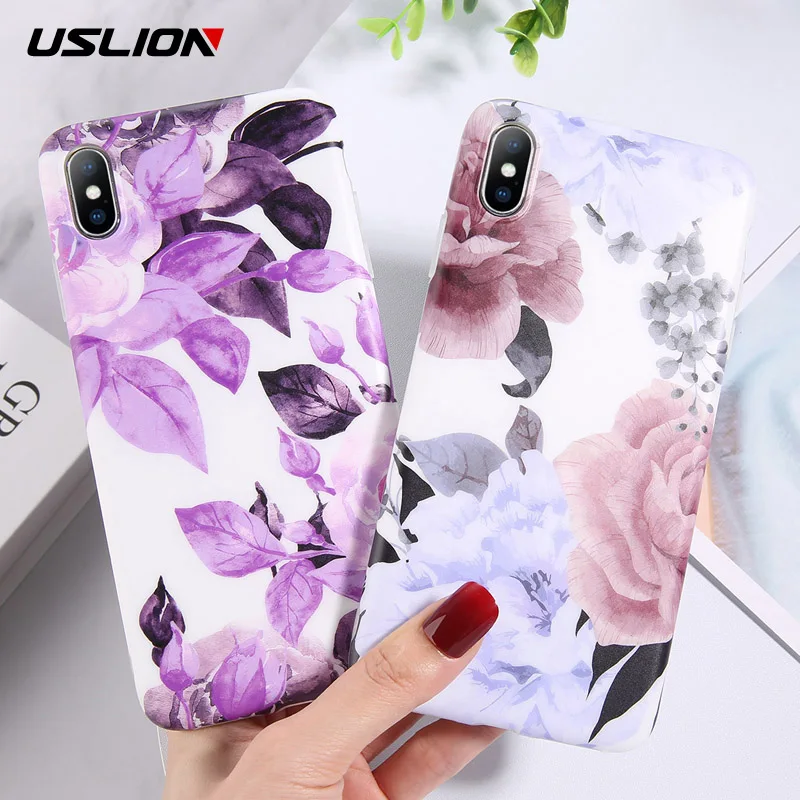

USLION Phone Case For iPhone X XS XR Xs Max 7 8 Plus Fashion Flower Leaves Soft IMD Floral Back Cover For iPhone 6 6s 7 8 Plus