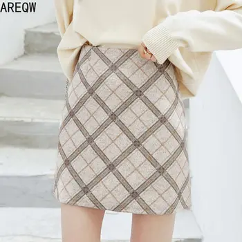 

Woolen Plaid Skirt Autumn and Winter Korean Style High Waist Slim Ins Super Fire A- Line Dress Women's Woolen Plaid Skirt