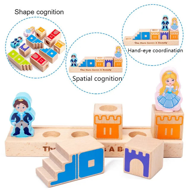 Montessori Camelot Jr Wooden Building Blocks Toys Prince Save The Princess Interactive Games for Kids 3d blocks Christmas Gifts 3