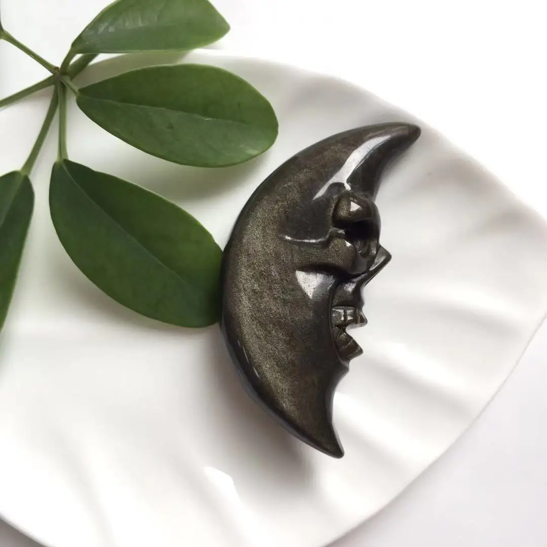 High Quality& Beautiful Natural Golden Obsidian Hand Carved Crystal Fat Moon With Face For Present Or Collection ZY