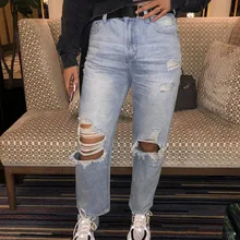 Европа и США фэн шуй мыть с большим отверстием маленькие свободные Саржевые джинсовые брюки с дырками