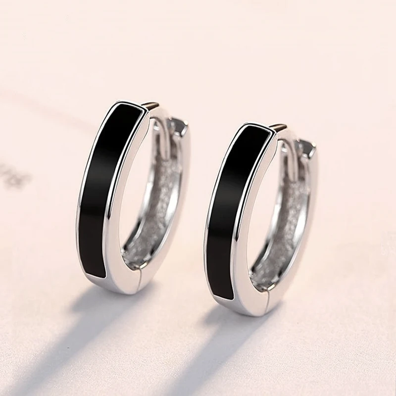 TONGZHE 925 Sterling Silver Small Hoop Earrings CZ Black Round Circle Huggie Energy Earrings Fashion Jewelry Womens Accessories