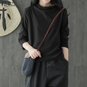 

2020 Spring Blouse ZANZEA Women Solid Shirt Vintage Long Sleeve Tunic Top Casual Turtleneck Pullover Blusas Female Chemise Robe