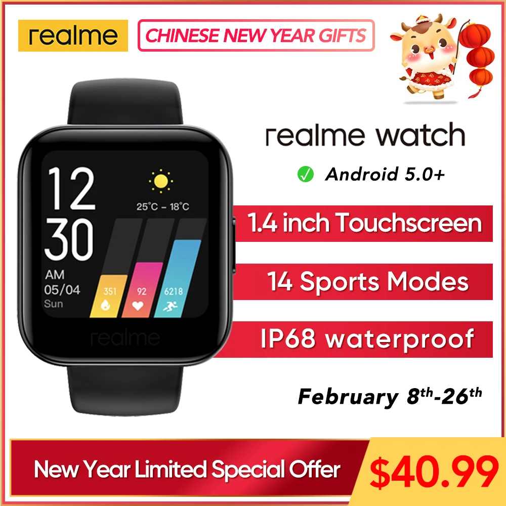 New realme Watch Smart Watch Real-time Heart Rate Blood-oxygen Monitor IP68 Waterproof Sports 1.4