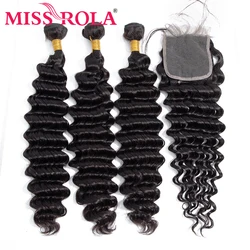 Miss Rola Hair Malaysian Deep Wave 3 Bundles With Closure Natural Color 100% Human Hair 8-26 Inches Remy Hair Extensions
