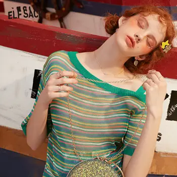 

ELFSACK Rainbow Striped Knit Casual Women Slim Harajuku T-Shirt 2020 Spring Asymmetry Off Shoulder Female Korean See-Through Top