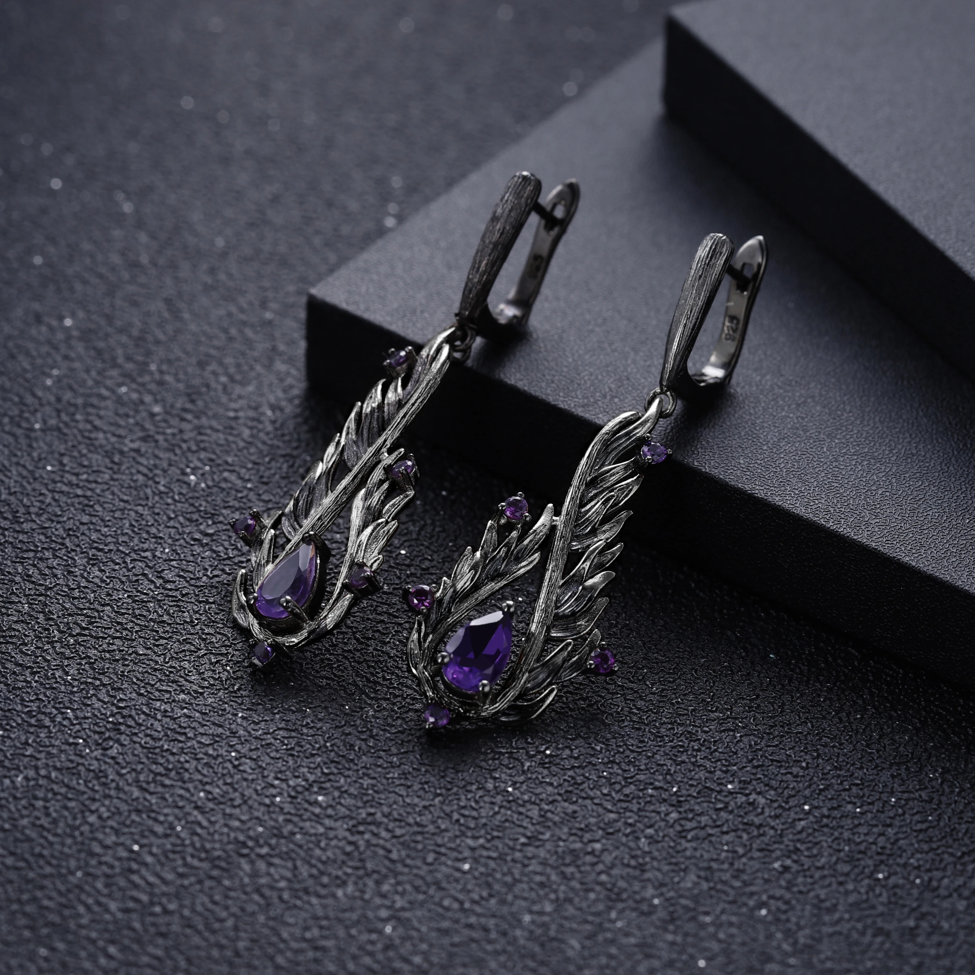 GEM’S BALLET 2.1Ct Natural Amethyst Earrings 925 Sterling Silver Handmade Angel’s Wing Drop Earrings for Women Fine Jewelry