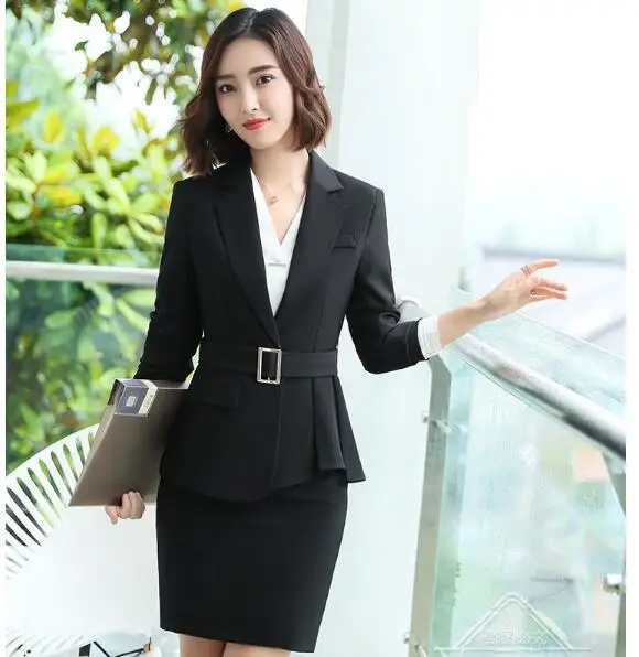 black skirt suit Шерсть комплект из двух предметов синяя офисная форма дизайн женская элегантная модная юбка Формальные костюмы Женская деловая Экипировка куртка и костюм - Цвет: black skirt suit
