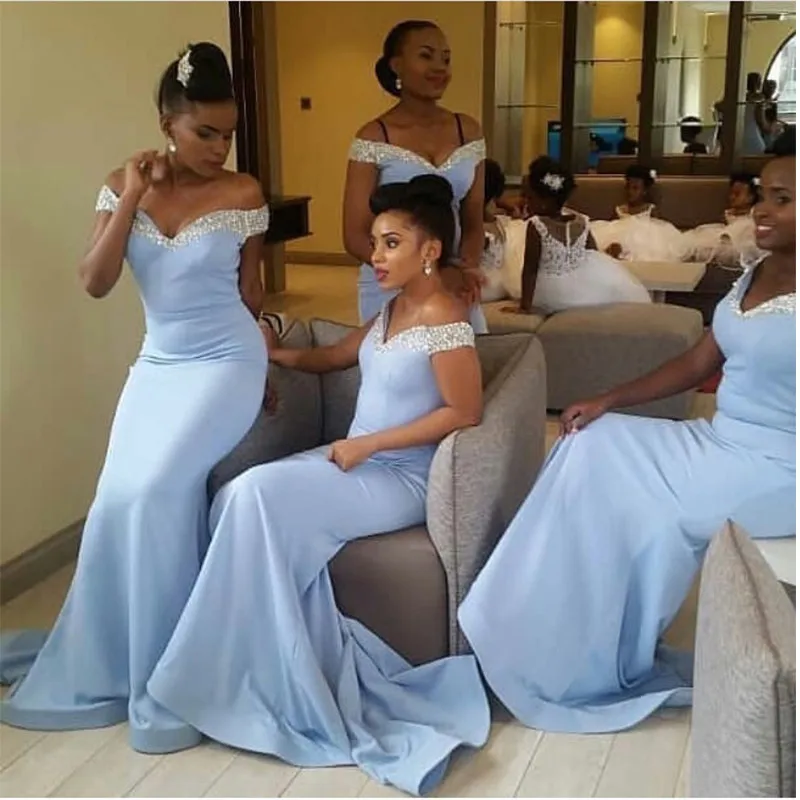 2020 Crystals Mermaid Bridesmaid Dresses Light Blue Saitn Off the Shoulder Long Prom Dress vestidos Formal Party Gowns Customize | Свадьбы и