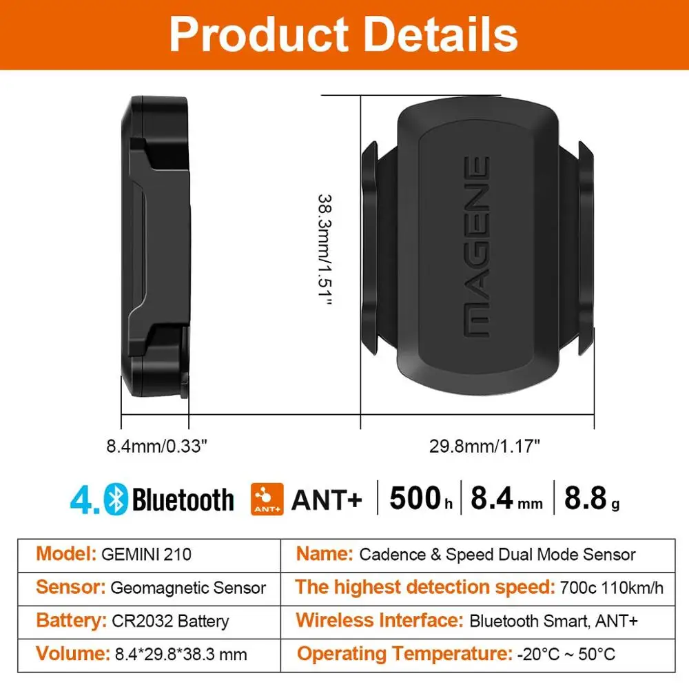 Velocità & Sensore di cadenza NO MAGNETE Wireless Magene GEMINI 210 Bluetooth & Formica 