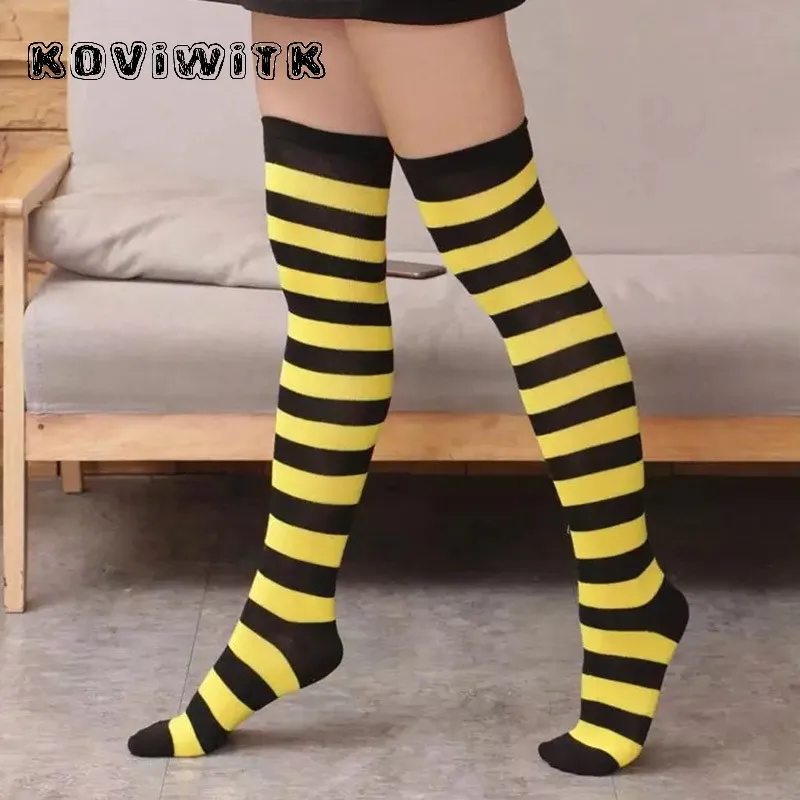 Black yellow Радужные чулки до колена для женщин s Sox сексуальные длинные чулки до бедра в полоску размера плюс красные \ черные компрессионные зимние женские чулки для девочек - Цвет: Black yellow