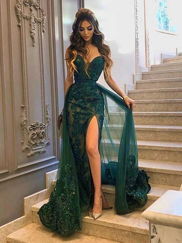 LORIE Dark Green Mermaid Evening Dresses V-neck Lace Appliques Beading Formal Prom Party Beauty Pageant Dresses with High Split