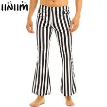 iiniim Mens 60's 70's Retro Vintage Mid Waist Striped Stretch Bell Bottom Super Flares Long Pants Casual Trousers Sexy Panties
