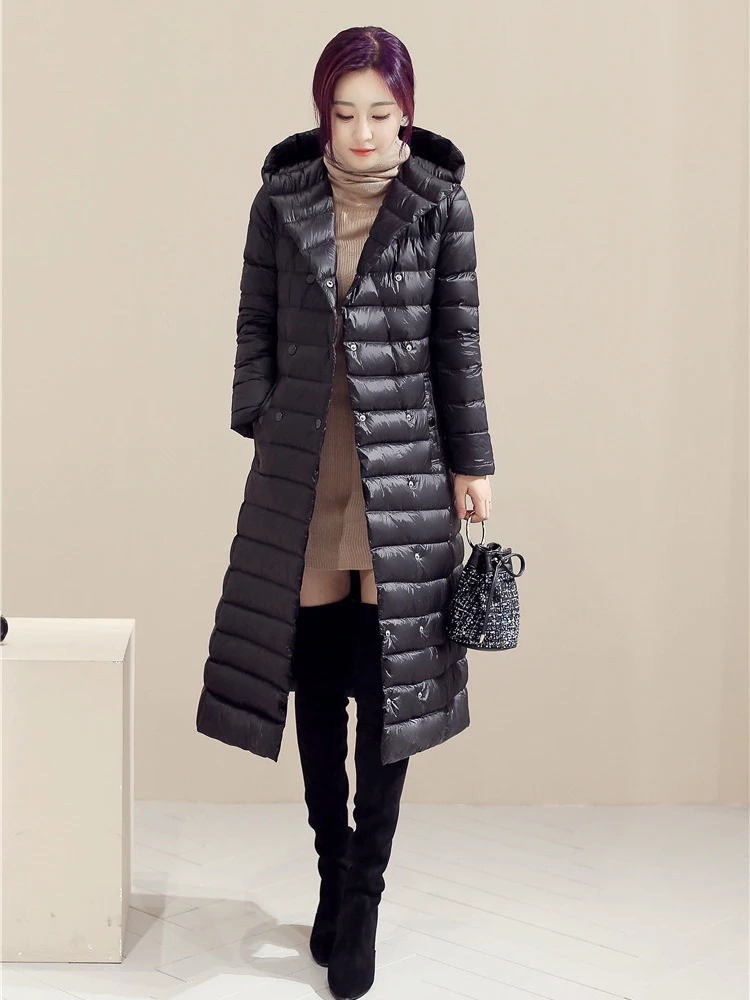 

FMFSSOM Autumn Winter Duck Down Belt X-long Double Breasted Hooed Padded Warm Outerwear 3XL Female Women Coat