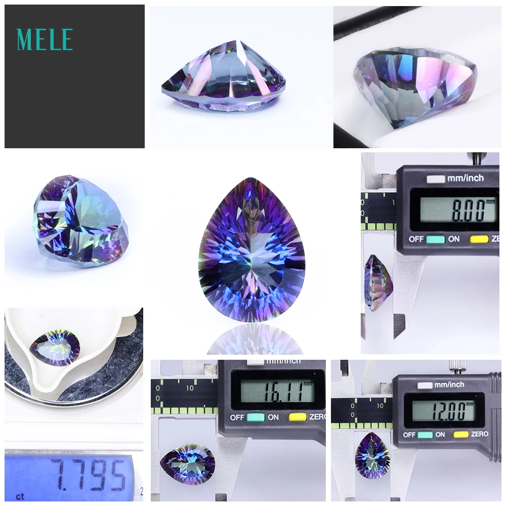 Natural crystal Rainbow blue Rainbow quartz 7.8ct pear Mystic Crystal Titanium coating water drop DIY Pendant Earring Ring stone