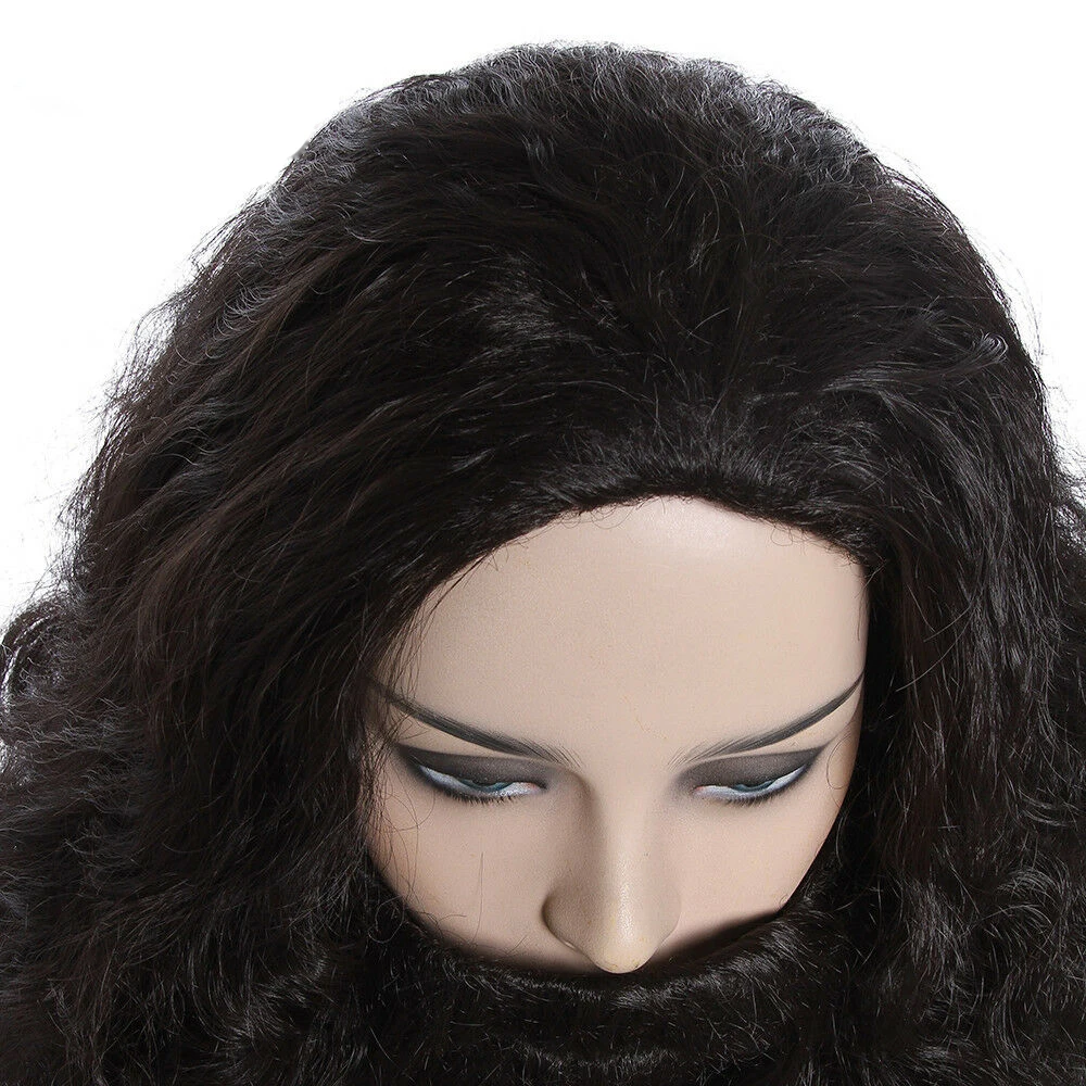 HP Rubeus Hagrid Cosplay Wig Curly Wavy Black Long Synthetic Hair With Beard Whiskers Halloween + Free Wig Cap anime cosplay